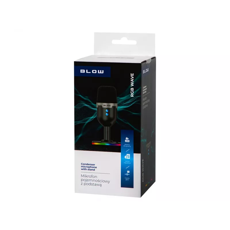 Studijinis mikrofonas BLOW su LED stovu — laidinis USB 2.0, 20–16000 Hz, jautrumas -50 dB, 237 g