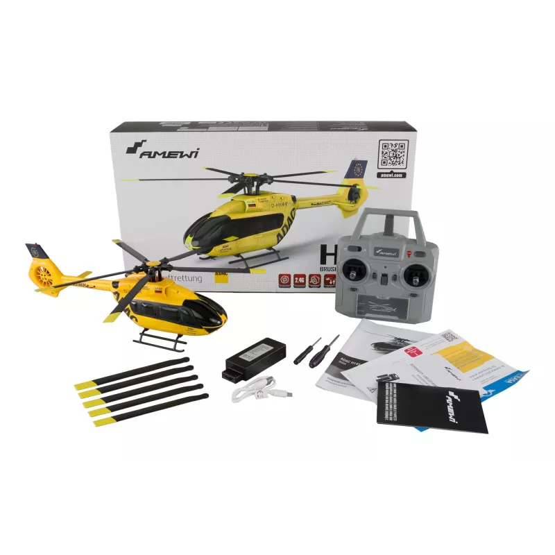 Amewi sraigtasparnis ADAC H145 bešepetėlinis 6 kanalų 6G RTF, paruoštas skraidyti 6 kanalų modelis