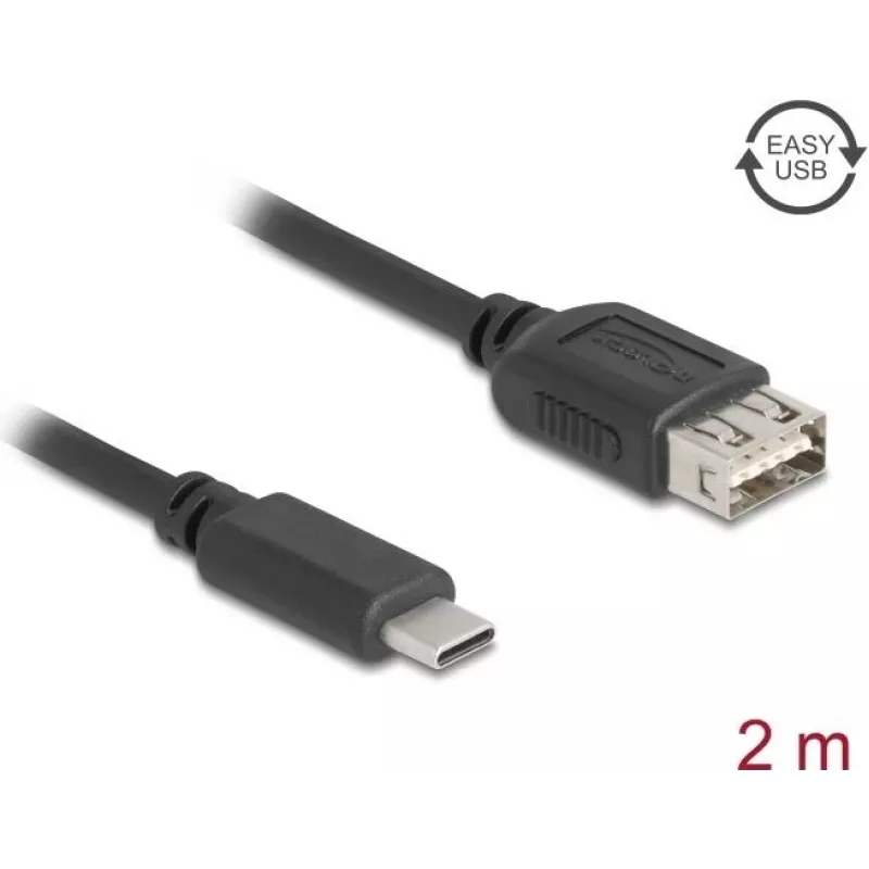 DELOCK USB 2.0 kabelis 2 m — USB C į USB A, 0,48 Gbit/s, paauksuoti kontaktai, juodas