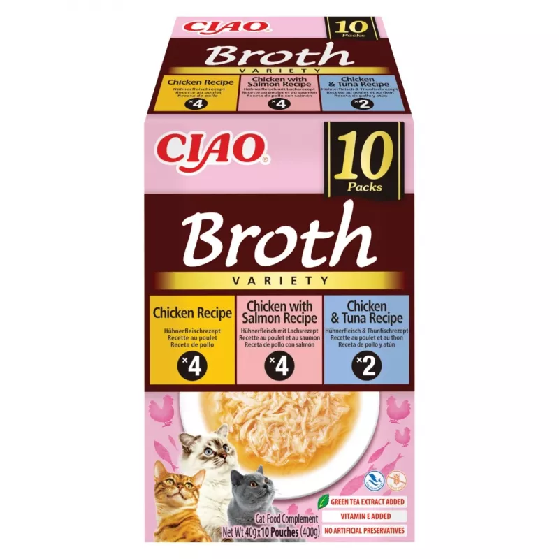 Šlapio kačių maisto pakeliai INABA Ciao Broth — Vištiena, Lašiša, Tunas, 10 x 40 g