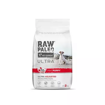 Sausas šunų maistas VETEXPERT RAW PALEO Ultra Mini Puppy Beef 2 kg — sausas trupininis maistas mažų veislių šuniukams, 30,5 % baltymų, 16,5 % riebalų