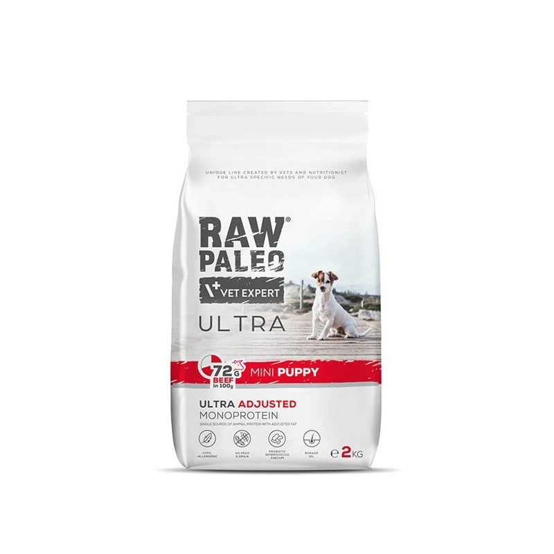 Sausas šunų maistas VETEXPERT RAW PALEO Ultra Mini Puppy Beef 2 kg — sausas trupininis maistas mažų veislių šuniukams, 30,5 % baltymų, 16,5 % riebalų