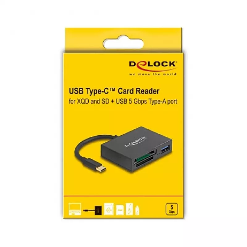 DeLOCK USB-C kortelių skaitytuvas, skirtas XQD ir SD atminties kortelėms, USB 5 Gbps