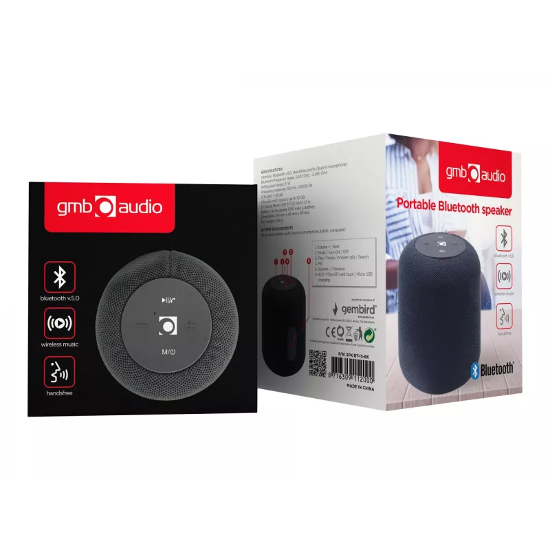 Mono nešiojamas garsiakalbis Gembird SPK-BT-15-BK — 5 W RMS, Bluetooth, MicroSD, 1200 mAh, juoda