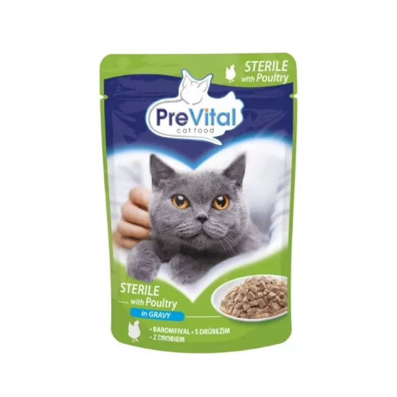 Šlapias kačių ėdalas PREVITAL Cat Food Mix 4 Flavors — vištiena, veršiena, lašiša, paukštiena, 96 x 100 g maišeliai (9,6 kg, suaugusioms katėms)