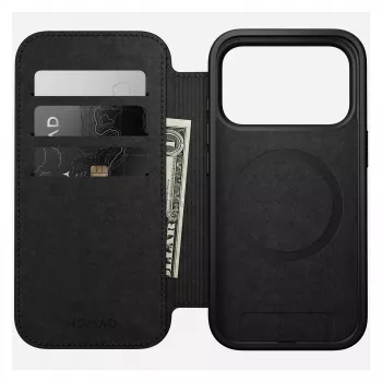 Mobiliojo telefono odinis aplankas Nomad Modern Leather Folio Cover, skirtas iPhone 17 Pro, 16 cm (6,3 colio), juodas, 4 kortelių kišenės