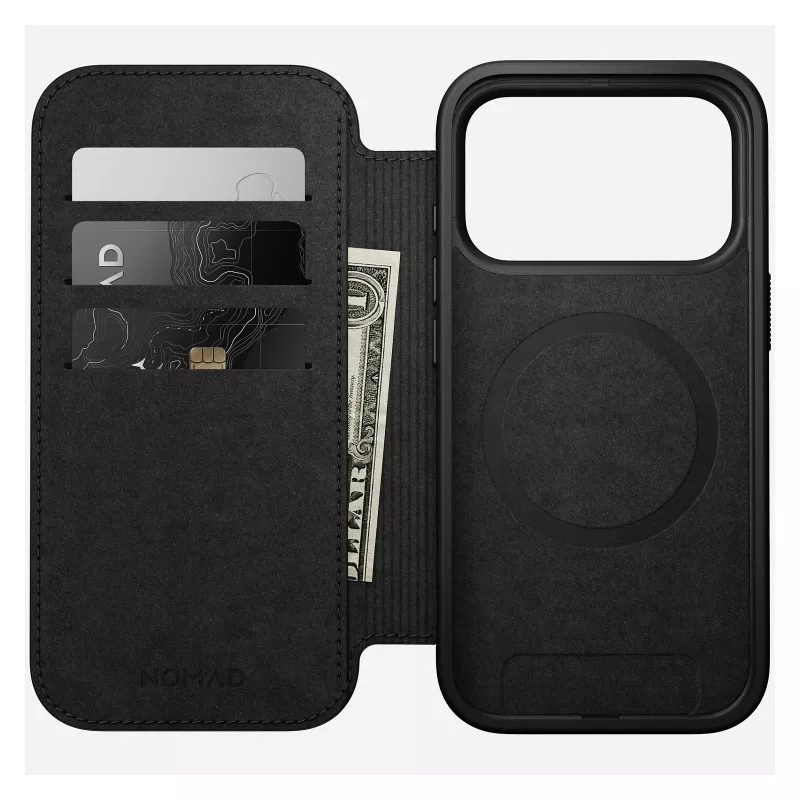 Mobiliojo telefono odinis aplankas Nomad Modern Leather Folio Cover, skirtas iPhone 17 Pro, 16 cm (6,3 colio), juodas, 4 kortelių kišenės