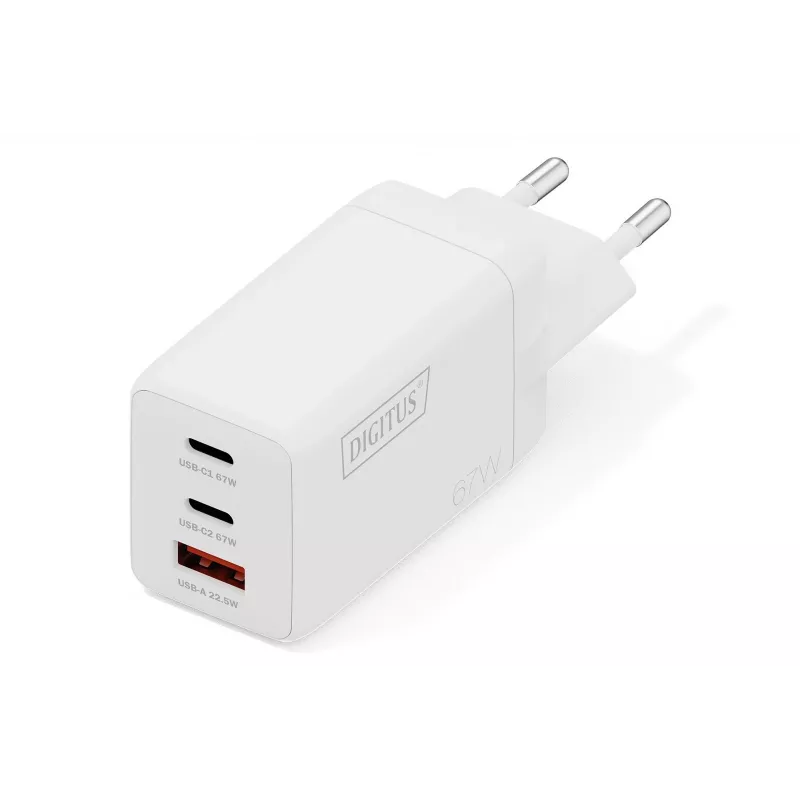 Sieninis įkroviklis DIGITUS DA-10303 67W GaN, 2× USB-C + 1× USB-A, 100–240V, baltas