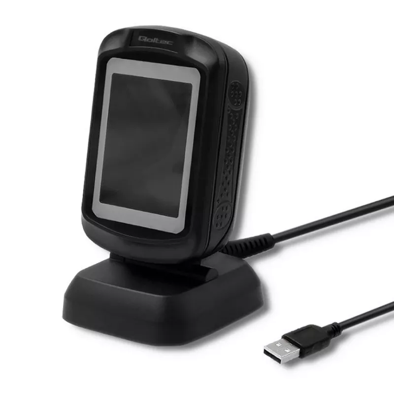 Fiksuotas 1D/2D brūkšninių kodų skaitytuvas QOLTEC 50864, LED jutiklis, USB laidinis, juodas, 145×85×80 mm