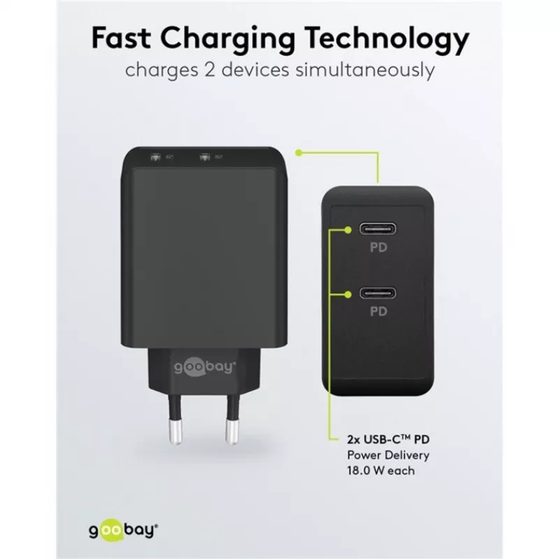 Vidinis įkroviklis Goobay 61757 Greitasis įkrovimas USB Type-C 2 prievadai Juodas