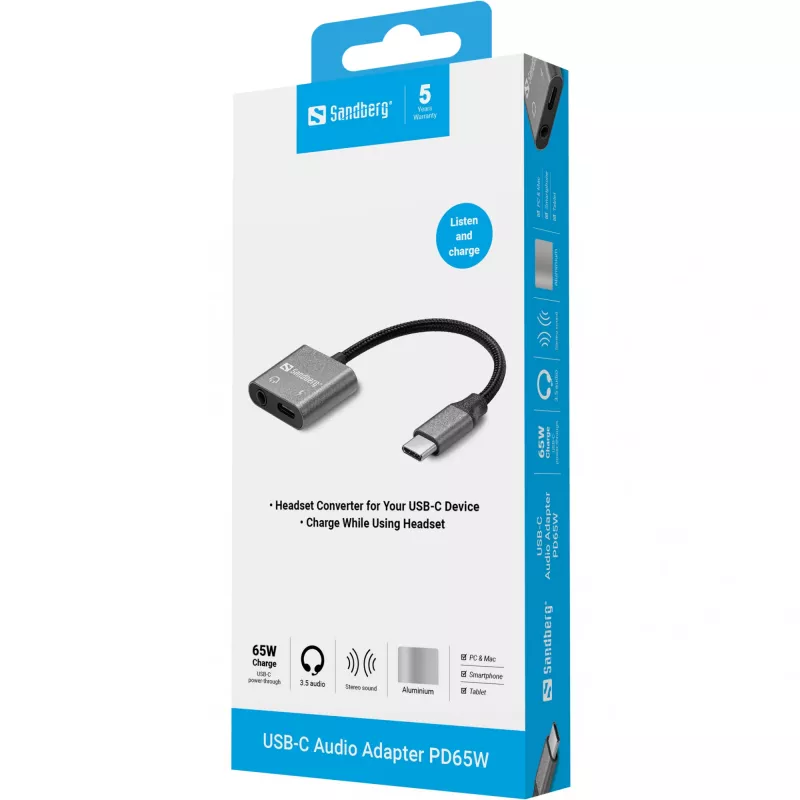 USB-C garso adapteris SANDBERG PD65W 136-67 su USB-C PD pralaidiniu įkrovimu