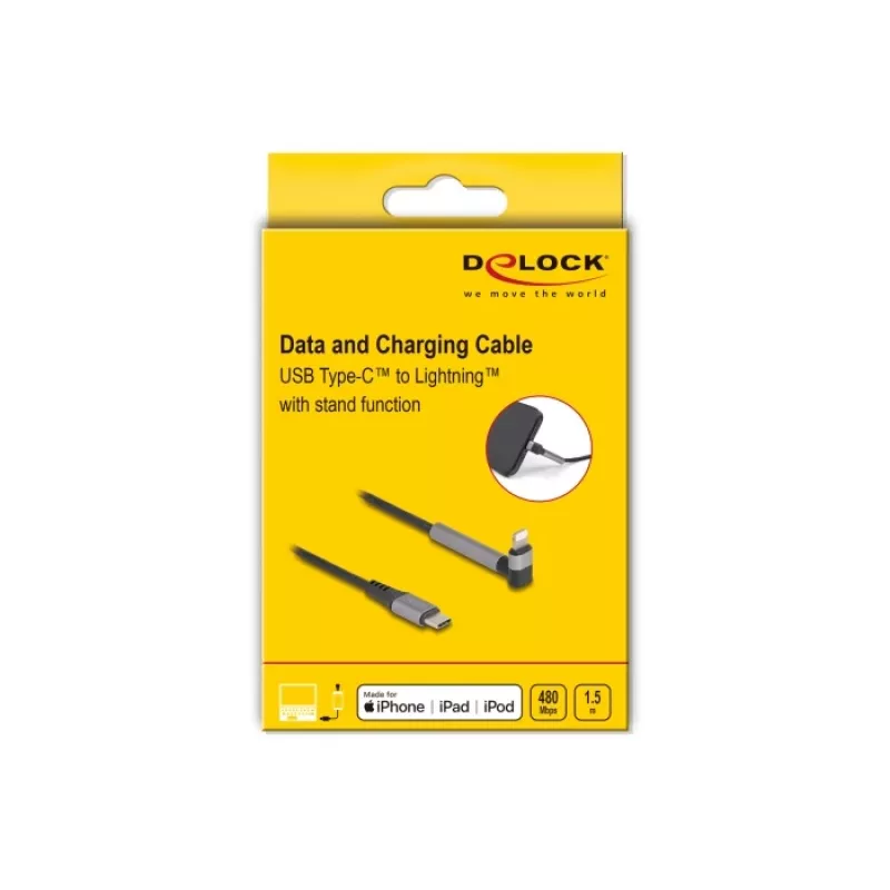 USB Type-C – Lightning įkrovimo ir duomenų laidas su kampuota jungtimi ir stovo funkcija, DELOCK 1,5 m, 9 V 3 A (MFi)