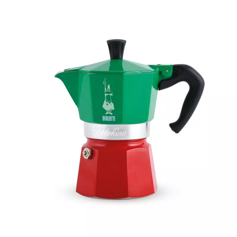 Moka puodas Bialetti La Mokina 0005650 — aliumininis kavos virimo aparatas viryklei, žalia/raudona/sidabrinė
