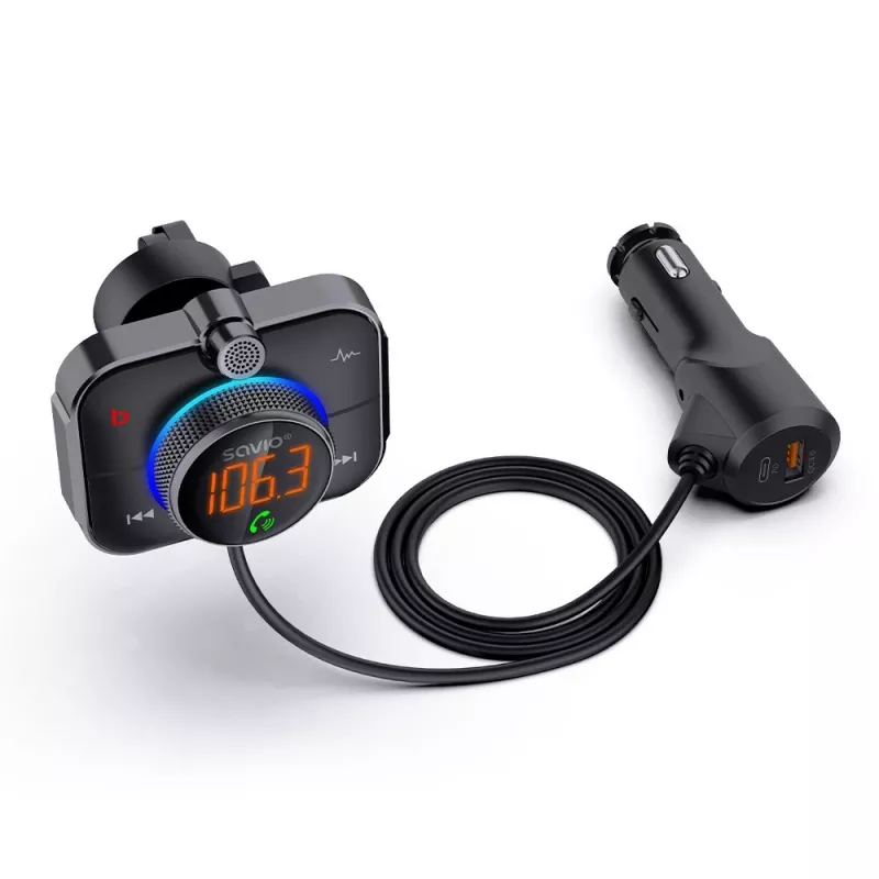 FM siųstuvas SAVIO TR-14 Bluetooth USB, FM 87,6–107,9 MHz, MicroSD, USB-C, 12 V automobilio maitinimas