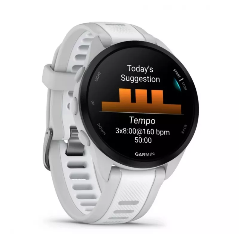 Išmanusis laikrodis GARMIN Forerunner 165 — GPS, AMOLED 1,2 colio, 4 GB, 5 ATM, 11 dienų baterija, pilkas korpusas, baltas dirželis