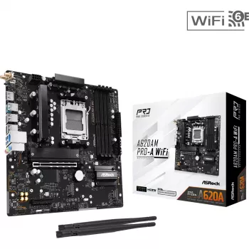Pagrindinė plokštė ASRock A620AM Pro-A WiFi AM5 mATX — AMD A620, Socket AM5, DDR5 iki 256 GB, Wi‑Fi 6E, 2.5Gb LAN, HDMI 2.1