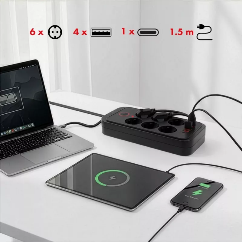 Maitinimo lizdų blokas MACLEAN MCE389 B — 6 lizdai, 4×USB-A + 1×USB-C, 110–240V, 2.1A, 2500W, 1.5 m laidas, juodas