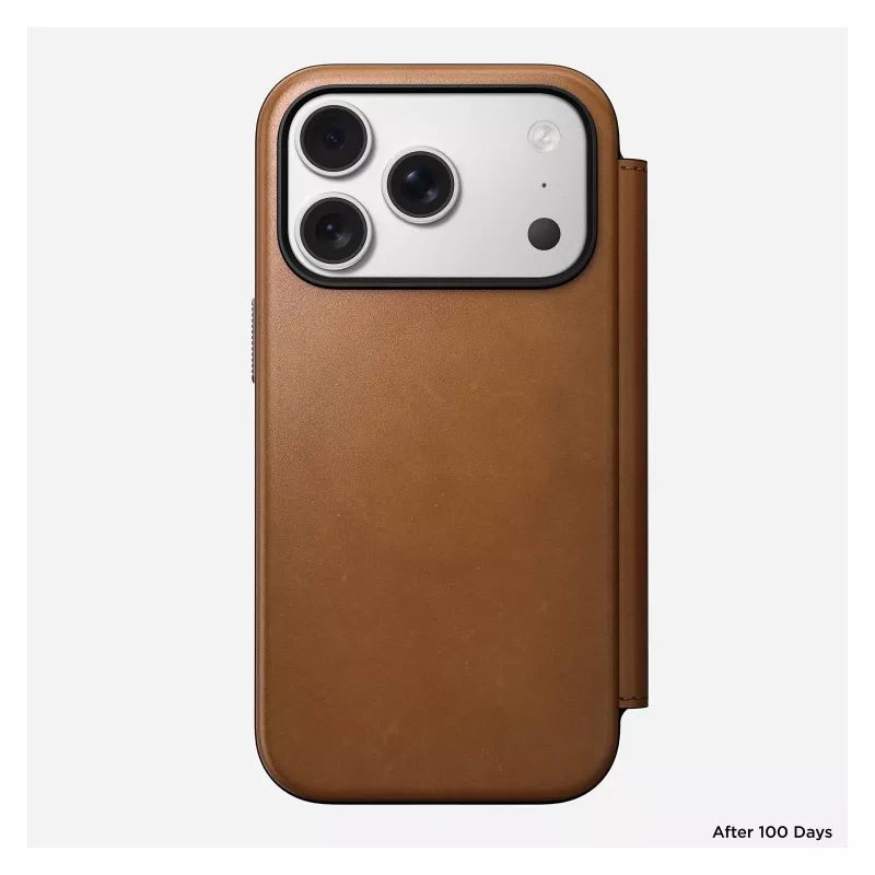„Folio“ telefono dėklas „Nomad Modern Leather Folio“, skirtas „iPhone 17 Pro“, oda + aliuminis, 6,3 colio (16 cm), rusvai ruda, 3 kortelių kišenės