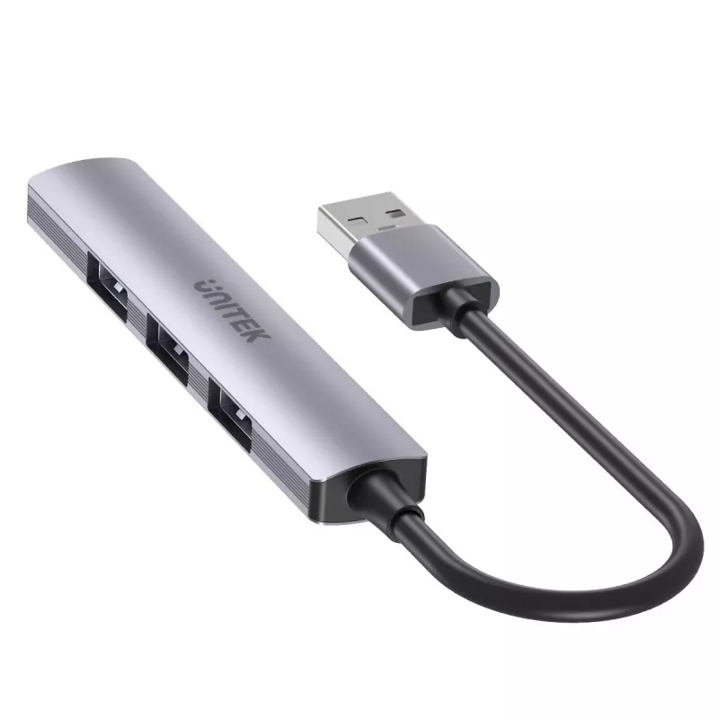 USB šakotuvas Unitek H1208A — 4 prievadai (1 × USB 3.2 Gen 1 Type-A, 3 × USB 2.0), aliuminio korpusas, pilka, 0,20 m laidas