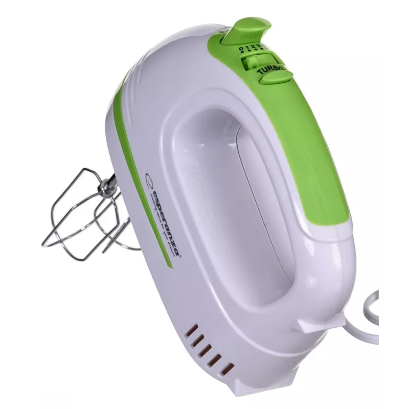 Rankinis plakiklis ESPERANZA EKM011 — 400 W, 5 greičių, turbo, tešlos kabliukai ir plakikliai, 220–240 V, balta / šviesiai žalia