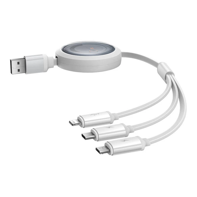 Greito įkrovimo laidas 3in1 Baseus Free2Draw, USB į micro USB+USB-C+Lightning, 3,5 A, 1,1 m (baltas)