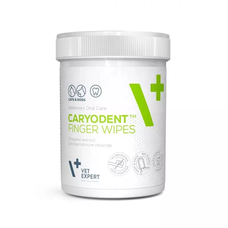 VETEXPERT Caryodent Finger Wipes, dantų valymo servetėlės šunims ir katėms, 50 vnt.