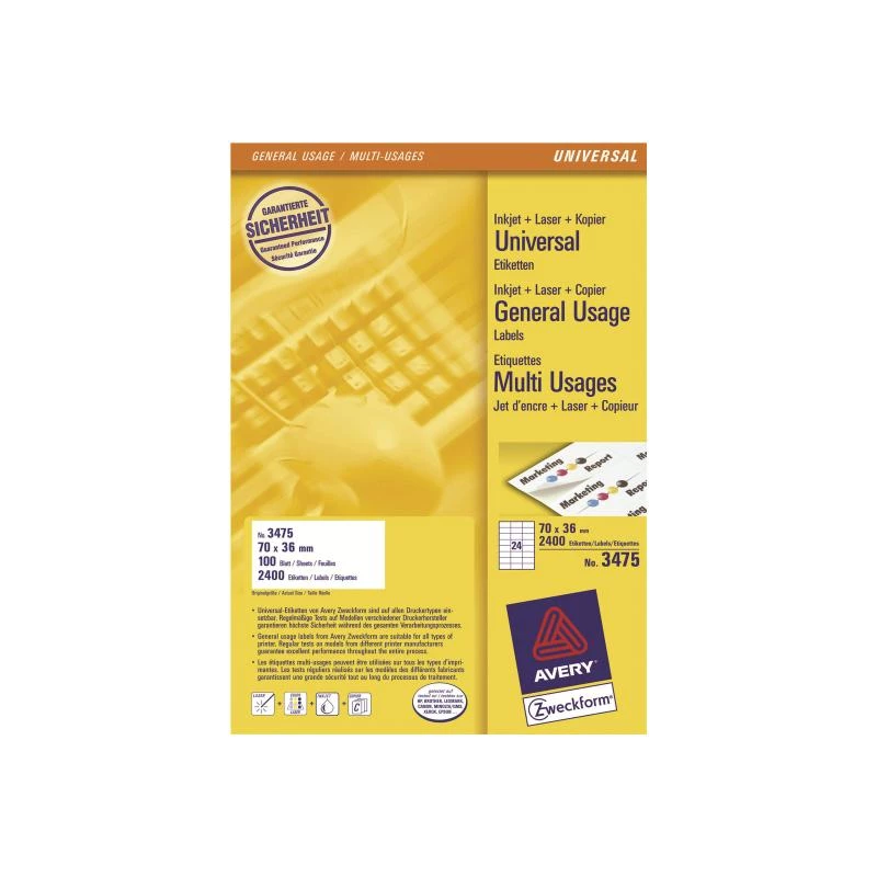 Avery universalios etiketės lazeriniams, kopijuokliams, rašaliniams 24 lape 70x36mm