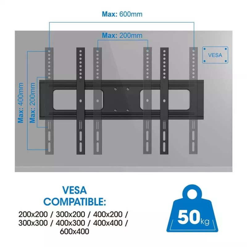 Manhattan lauko sieninis laikiklis televizoriams ir monitoriams, pilnai judinamas, 37-65 col. ekranams, VESA 200x200-600x400 mm, iki 50 kg, atsparus oro salygoms, juodas
