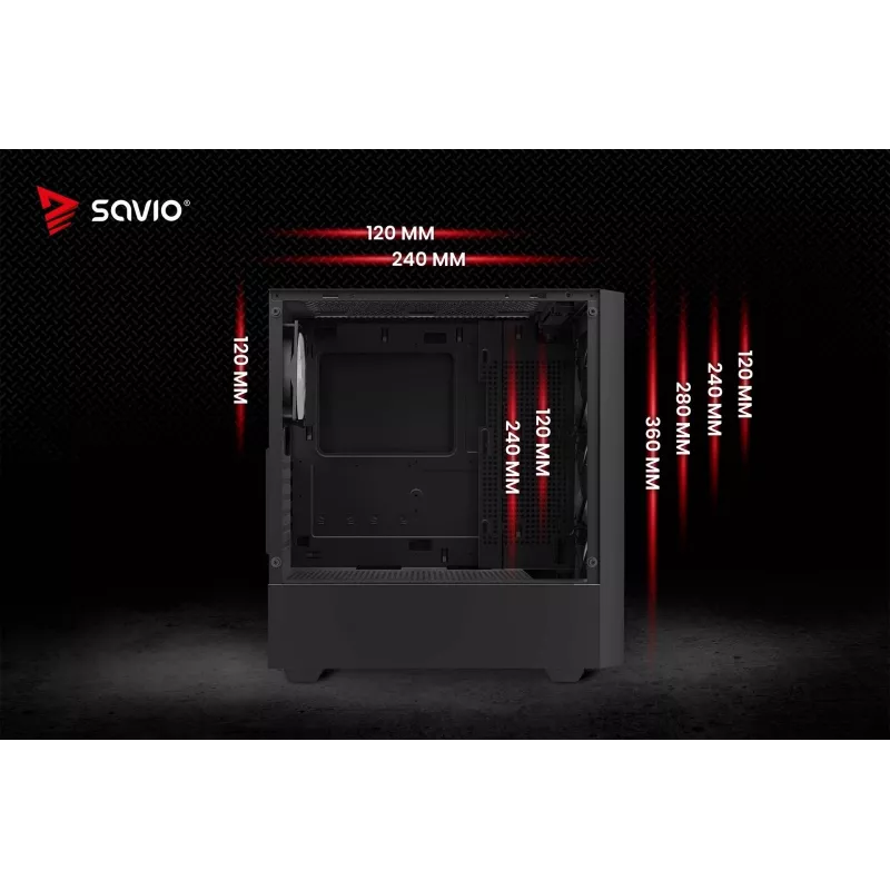 PC korpusas SAVIO Noctis Flow RGB — Cube, ATX/Mini-ITX, 3x 120 mm priekiniai ventiliatoriai, grūdintas stiklas šone, maks. GPU 35 cm