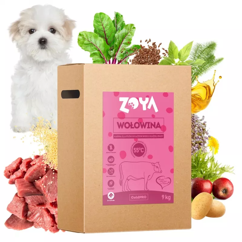 Sausas šunų ėdalas ZOYA ColdPRO Beef 9 kg — visavertis suaugusiems šunims, 27 % baltymų, 9,5 % riebalų, be glitimo, be cukraus