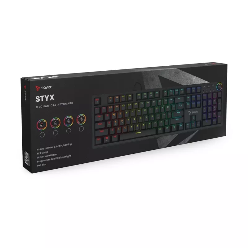Mechaninė žaidimų klaviatūra SAVIO STYX Outemu Red — pilno dydžio 104 klavišų USB laidinė, RGB, ANSI US International, 1,5 m, juoda