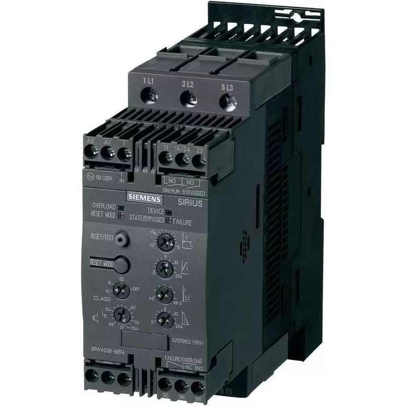 Siemens minkštojo paleidimo įrenginys - variklio galia esant 400 V - 22 kW - variklio galia esant 230 V - 11 kW - 400 V/AC - vardinė srovė 45 A - 3RW4036 (3RW4036-1BB14)