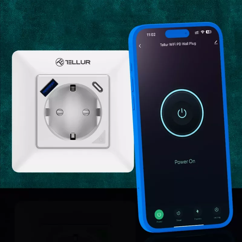 Išmanusis WiFi sieninis kištukas Tellur TLL331531 — 3600W 16A, nuotolinis valdymas per Wi‑Fi