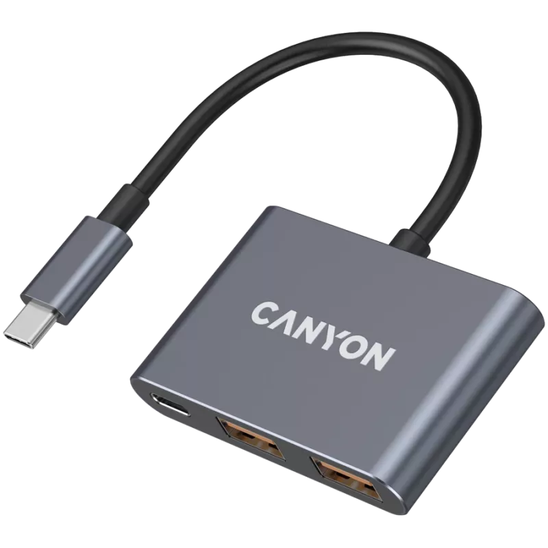 USB-C 3 viename šakotuvas CANYON DS-3 tamsiai pilkas — USB-C į USB-A + HDMI + PD pralaidumas