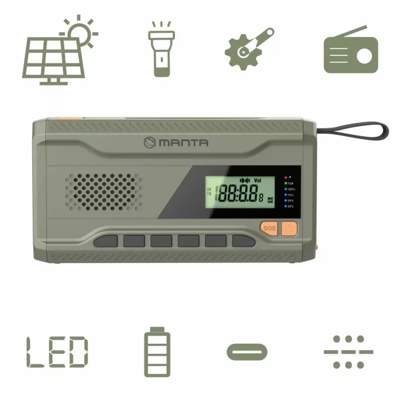 Nešiojamasis FM radijas MANTA RDI401G su saulės baterija, dinaminiu įkrovikliu, 4000–4500 mAh baterija, 5V USB išėjimu, 3W, žibintuvėlis