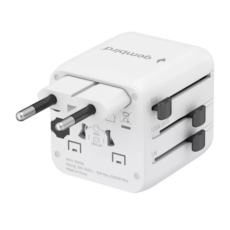 Universalus kelioninis maitinimo adapteris GEMBIRD TPA-INT-01-W — įvestis 100–250V, Type G kištukas, kompaktiški matmenys 84×56×85 mm