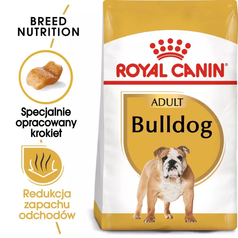 Sausas šunų maistas Royal Canin Bulldog Adult 12 kg — suaugusiems buldogams, vištienos skonio, 24% baltymų, 14% riebalų