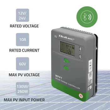 MPPT saulės energijos įkrovos reguliatorius QOLTEC 10A 12V/24V sistemoms su LCD ekranu