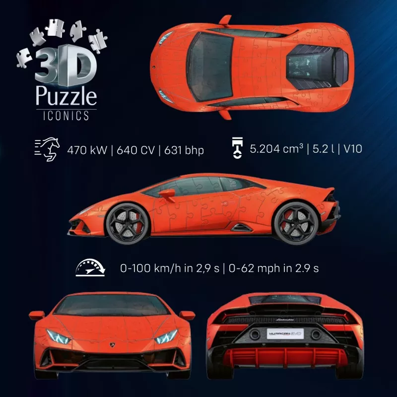 3D Puzzle Ravensburger Lamborghini Huracan EVO — 158 vnt., mastelio modelio konstrukcija
