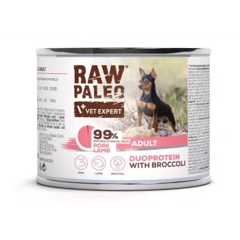 Drėgnas šunų ėdalas VETEXPERT RAW PALEO Duoprotein Pork & Lamb Adult 200 g, 81,2% drėgmės, 9% baltymų, 7,3% riebalų