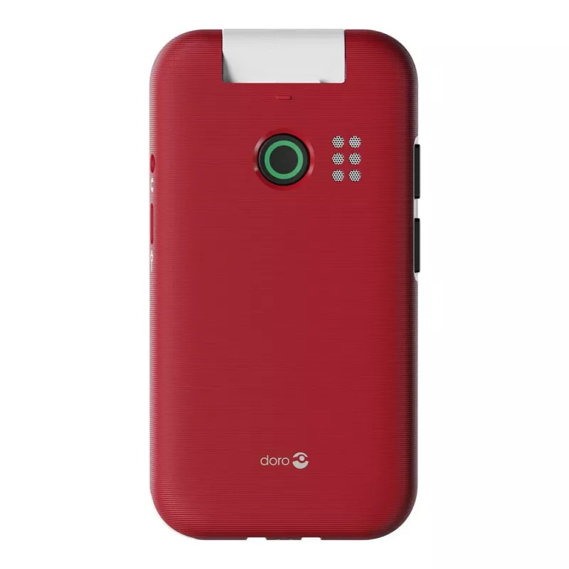 „Doro Leva E22“ mygtukinis telefonas, atverčiamas, 2,8 colio (7,11 cm) ekranas, viena SIM, 0,3 MP kamera, 1150 mAh, 127,8 g, raudona/baltas