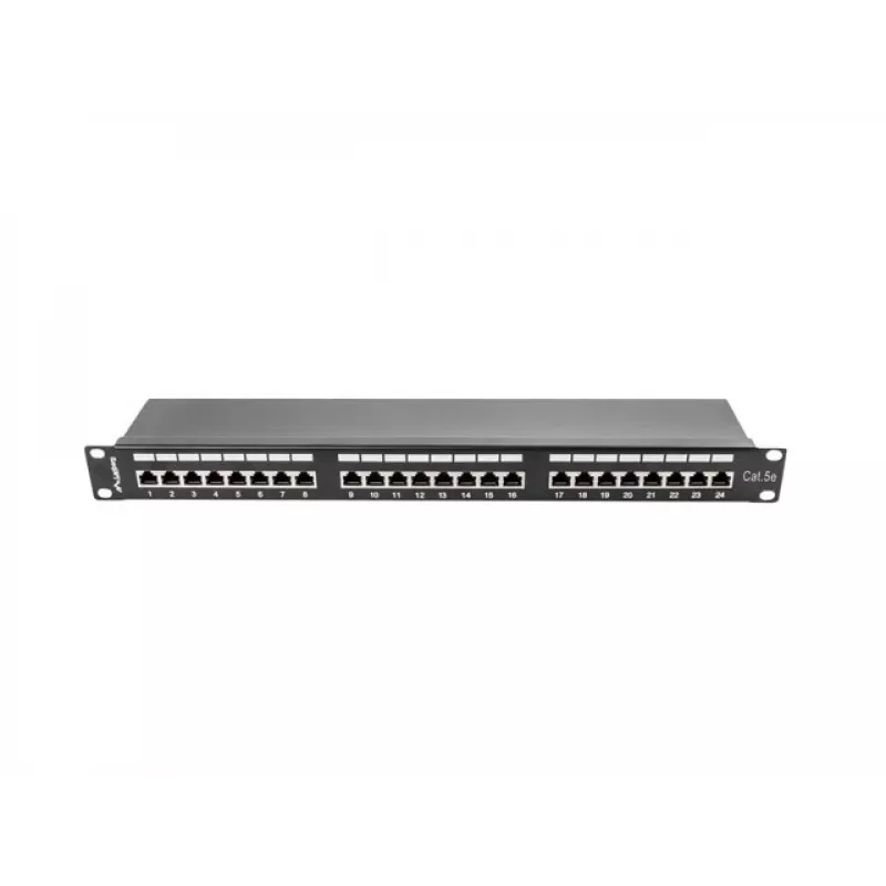 Pataisų skydelis 1U LANBERG PPS5-1024-B — 24 prievadų RJ-45 Cat5, metalinis, juodas, montavimas į stovą