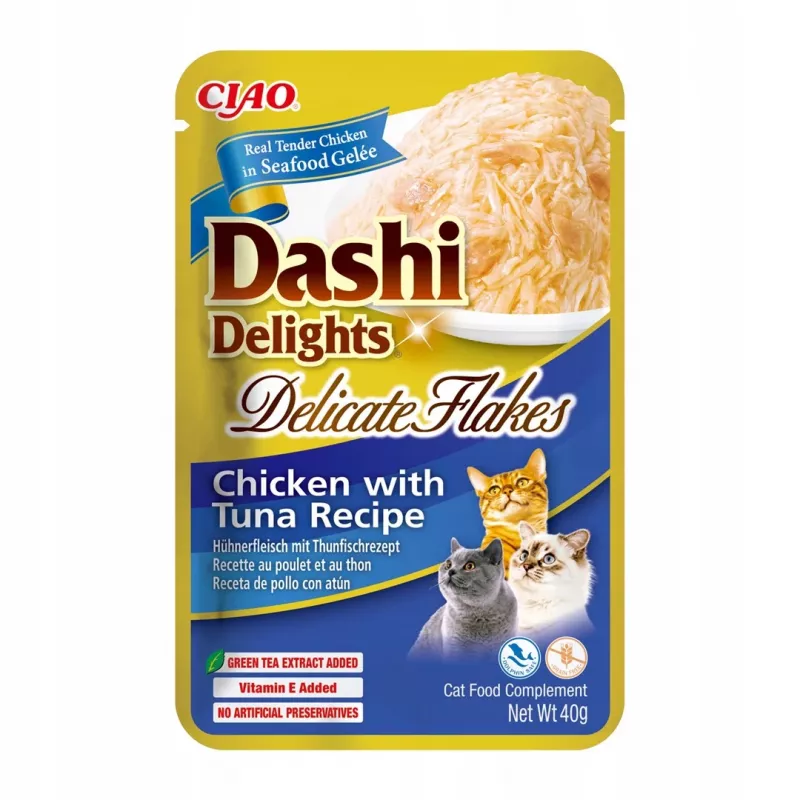 Drėgnas kačių skanėstas INABA Dashi Delights Delicate Flakes vištiena su tunu 40 g maišelis