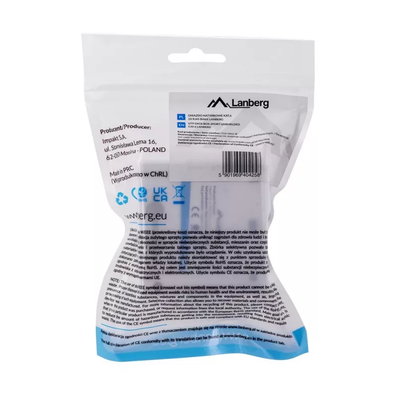 LANBERG Outlet Box RJ-45 Cat6 OU6-0002-W baltas, 2 lizdai, 30×54×57 mm