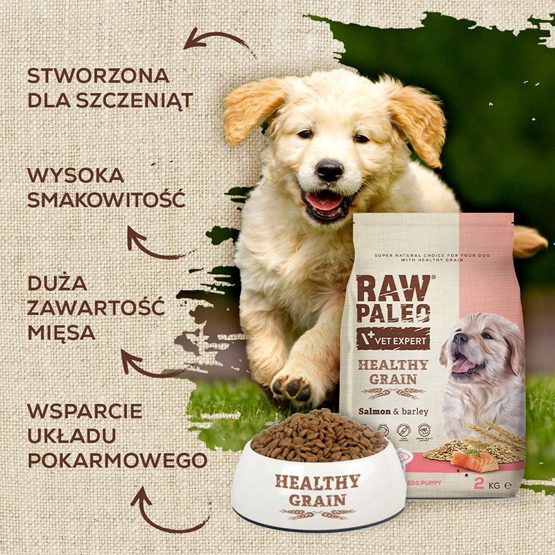 Sausas šunų maistas VETEXPERT Raw Paleo Healthy Grain Puppy Salmon and Barley 10 kg, baltymai 29% riebalai 17% drėgmė 9%