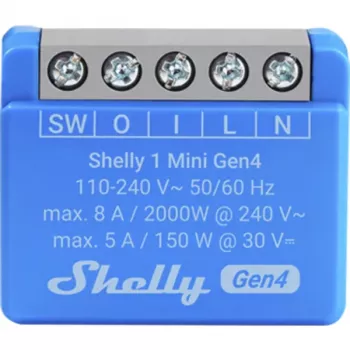 Išmanusis jungiklis Shelly 1 Mini Gen4 1P belaidis 110–240 V 50–60 Hz 1,2 W Bluetooth Wi‑Fi ZigBee 34×16×29 mm