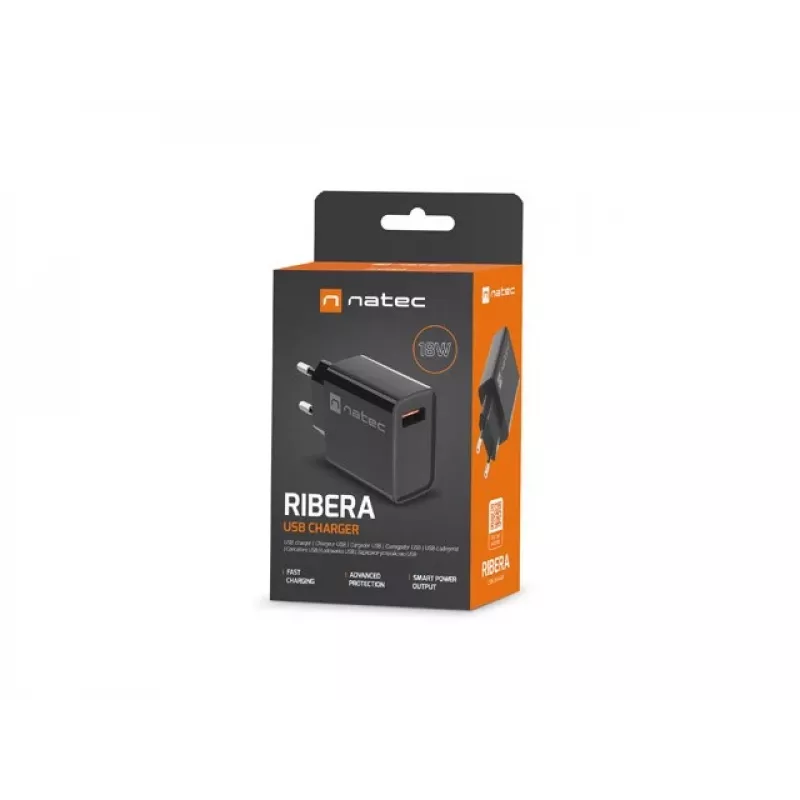 NATEC AC greitas įkrovimas vidinis laidinis įkroviklis Ribera — 18W (5–15V, iki 3A), 1× USB-A, Huawei FCP/SCP, juodas