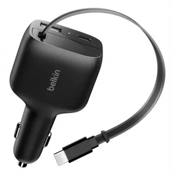 Belkin 75W 2-Port w Retractable USB-C Cbl Car - Kabelis (CCC001HQBK)