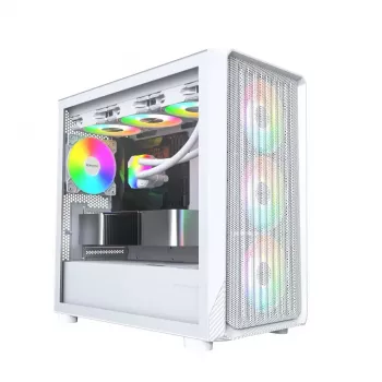 PC korpusas Montech X5M (W) Micro Tower, baltas — Micro-ATX/Mini-ITX, palaiko ATX PSU, 3x120mm priekyje, 1x120mm gale, 2x3.5 colio nišos, 4x2.5 colio nišos