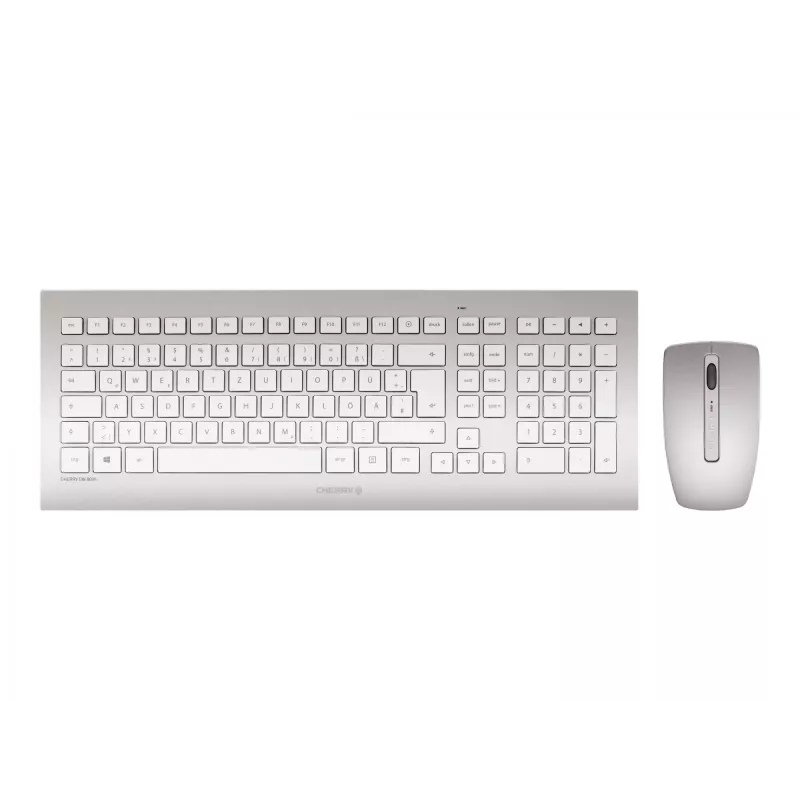 CHERRY DW 8000 klaviatūra su pele, biurui, belaidė RF, QWERTZ vokiečių k., sidabrinė/baltos spalvos
